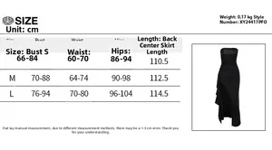 Size chart in cm for the elegant strapless slit dress with bust and waist measurements