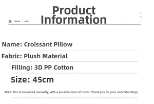 Specifications of 45cm plush croissant pillow with 3D PP cotton filling details