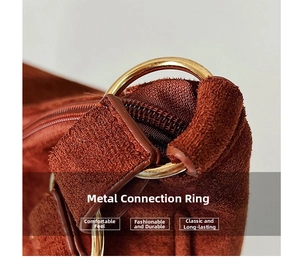 Detailed close-up of the golden metal rings and zipper on a brown suede shoulder bag