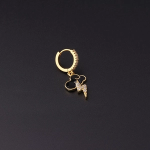 Detail of gold-plated earring with black enamel cloud and zircon lightning pendant