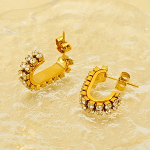 Chic gold-plated U-shaped stainless steel earrings with two rows of sparkling rhinestones