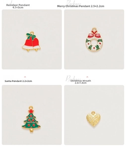 Detailed view of alloy Christmas charms including a red bell, wreath, and green tree