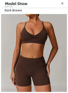 Front view of dark brown V-neck sports bra and matching high waist fitness shorts