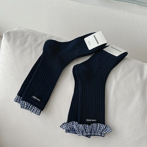 Japanese Preppy Style Mid Calf Socks Combed Cotton Plaid Ruffle Bowknot Ribbed Breathable Fashion Women