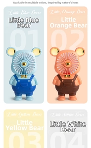 Detail view of mini portable pet-themed USB fans in four pastel colors with LED night light