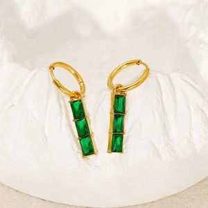 Bamboo-style gold hoop earrings with green stepped gemstones for retro Chinese look