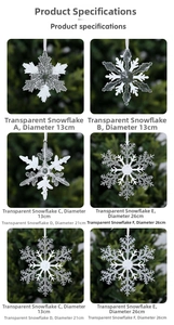 Detailed view of six hollow acrylic snowflake ornaments in 13cm, 21cm, and 26cm sizes