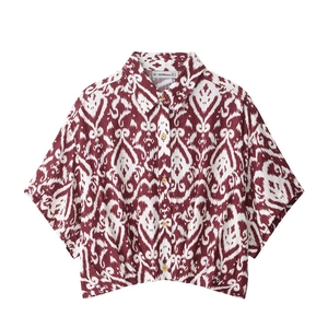 Damen Vintage Kurzarmbluse mit rot-weißem Blumendruck und Wellenmuster-Design