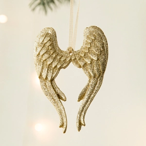 Ailes d'ange à paillettes dorées avec ruban jaune pour décoration de sapin de Noël