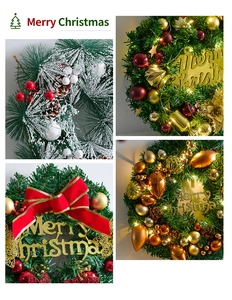 Detail view of four festive Christmas wreaths with pine needles, berries, and LED lights
