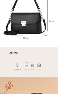 Detailed size chart of black lychee leather crossbody bag with 22x16x9cm dimensions