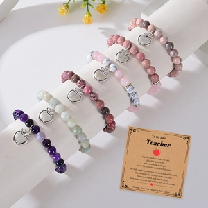 Natural stone beaded bracelets with apple charms on To My Best Teacher gift cards