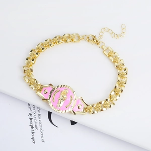 Luxurious 18K gold plated bracelet with pink religious saint pendant and rose link chain