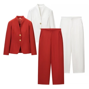 Tenues Blazer Et Pantalon Pour Femmes Manches Longues Col En V Bouton Métallique Couleur Unie Décontracté Streetwear