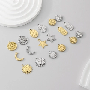 17pcs Gold and Silver Stainless Steel Celestial Pendants with Sun Moon and Star Shapes