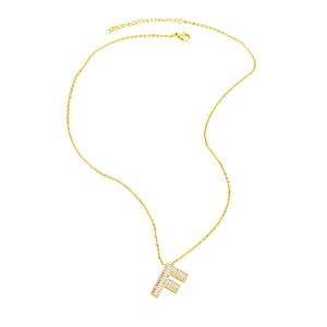 Close-up of gold-plated necklace with a rhinestone-studded letter F pendant and lobster clasp