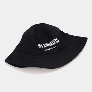 Vintage black canvas bucket hat with white Los Angeles embroidery for sun protection