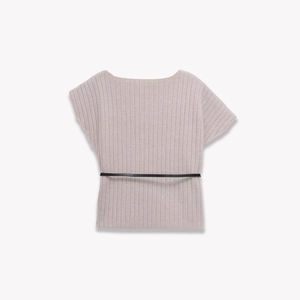 Elegant beige ribbed knit top with boat neck and black waist belt for women