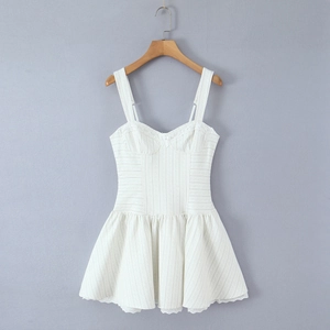 Vestito Corto A Spalline Bianco Pizzo Floreale Jacquard Righe Stile Dolce Francese Fiocco Linea A Per Donne