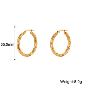 Detailed size view of 35mm gold twisted hoop earrings with 8g weight specification