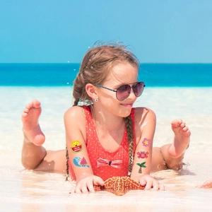 Waterproof glitter temporary tattoos for kids with summer theme and hello summer text