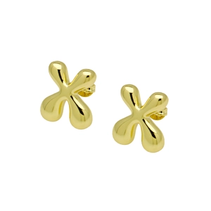 Detailed view of polished gold bubble earrings in a minimalist X-shape crossover design