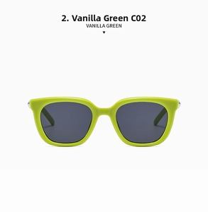 Detail view of square frame sunglasses in vanilla green finish with C02 code and grey lenses