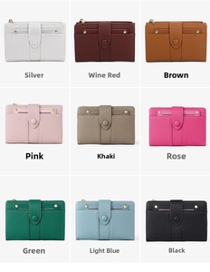 Litchi pattern leather short wallets in nine colors with gold snap and zipper details