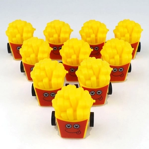 Symmetric triangular array of ten cartoon french fries pull-back toy cars on white background