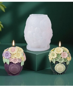Macro shot of 3D flower basket silicone mold and finished colorful floral candles