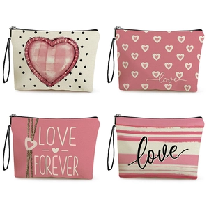 Canvas Kosmetiktasche Mit Herz Print Reißverschluss Handschlaufe Große Kapazität Leinen Kulturbeutel Damen Valentinstag Geschenk