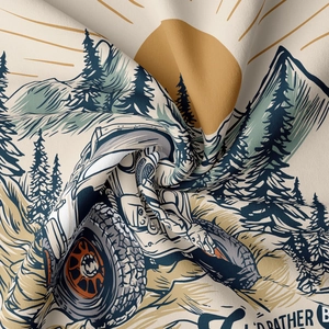 Gros plan du tissu de tapisserie camping avec impression rétro de montagnes et véhicule
