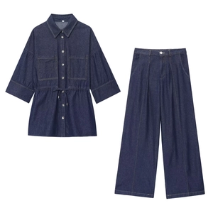 Women Denim Shirt And Wide Leg Pants Half Sleeve Drawstring Waist Button Up High Waisted Casual Streetwear