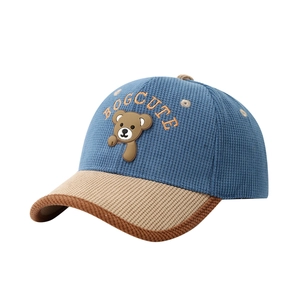 Blue and khaki corduroy baseball cap for kids with cute bear patch and embroidery