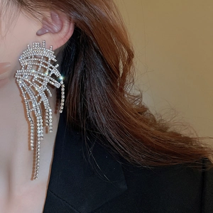 Detail of silver tassel earrings with sparkling rhinestones and mesh wing design