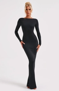 Slim fit long sleeve black maxi dress featuring elegant backless design and bodycon silhouette