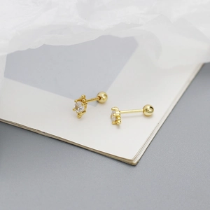 Macro view of gold S925 silver stud earrings with sparkling cubic zirconia and screw backs