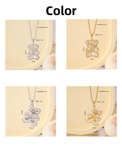 Detailed views of bear pendant necklaces with cubic zirconia and dimensions data