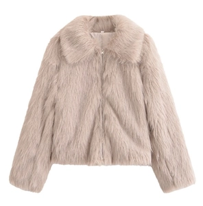 Close-up of fluffy faux fur jacket texture with zipper closure and large lapel collar