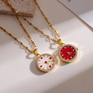 Vintage gold clock pendant necklace with red and white dials and diamond-set edges