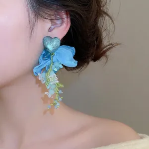 Blue fabric flower tassel earrings with heart studs and crystal beads for women