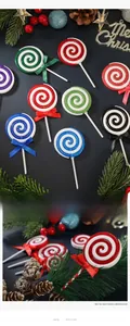Macro detail of Christmas candy swirl ornaments with festive bows and pine tree decor