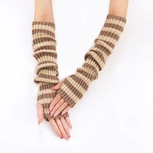 Detail of brown and beige striped knit arm warmers showing soft textured fabric