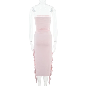 Rear view of pink strapless bodycon dress featuring vertical ruffled trim details