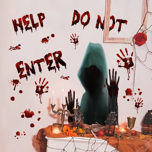 Halloween bloody handprint wall stickers with HELP DO NOT ENTER spooky text decals