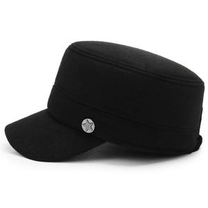 Black winter cadet cap for elderly men with ear protection and silver star badge detail