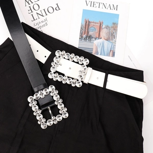 Modern leather belts for women with rhinestone square buckles in black and white