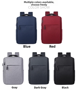 Business laptop backpacks shown in blue, red, light gray, dark gray, and black colors