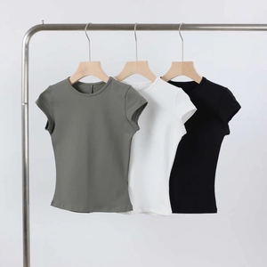 Short sleeve slim fit athletic t-shirts in grey, white and black colors on hangers