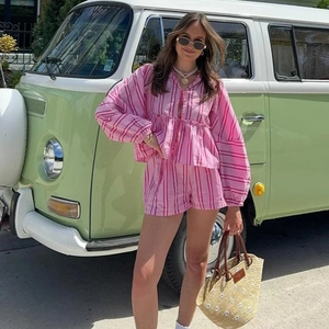 Tenue Décontractée Femme Haut À Nouer Manches Longues Et Short À Rayures Tenue De Vacances Été Polyester